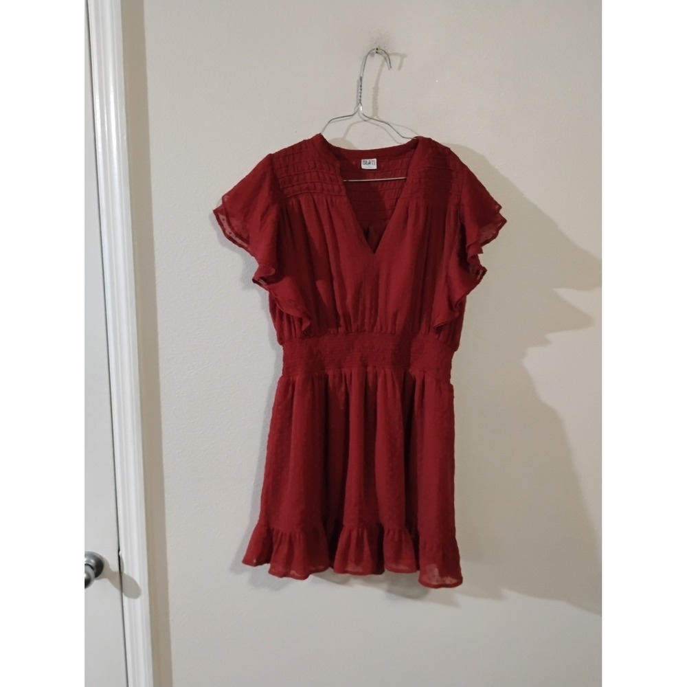 Bila 77 Burgundy Red Clip Dot Smocked Waist Flutter Sleeve Mini Dress XL